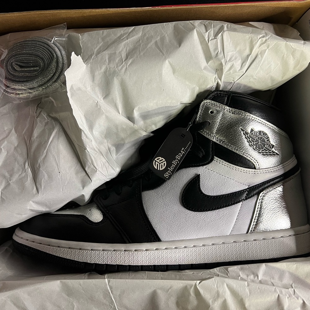 Jordan Black and Silver High-Top Sneakers. W12/M10.5